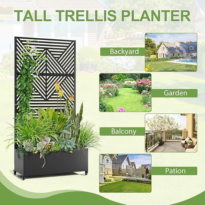 Raised Garden Bed with Trellis and Wheels73x35x16 Metal Raised Garden BedBlack Diamond Metal Planter with Climbing Trellis for Vines &amp Vegetables