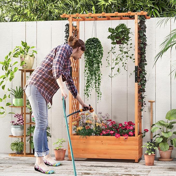 LDAILY Raised Garden Bed with Trellis Above Ground Garden Bed with Hanging Roof Side Trellis &amp 4 Drainage Holes Planter Box for Outdoor Climbing Plants Vines Flowers (1 43.5L x 17.5W x 72H