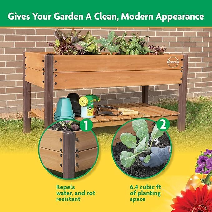 Miracle-GRO 2 x 4 Ft. Wooden Raised Garden Planter with Shelf 6.4 Cu. Ft. Above Ground Garden with Powder-Coated Metal Brackets for Decks and Yards