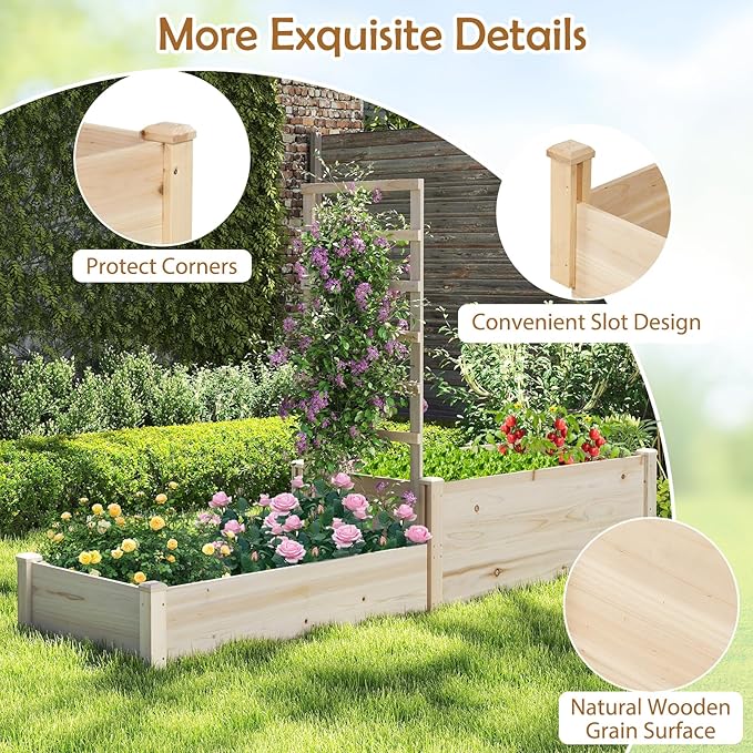 Giantex Wooden Raised Garden Bed with Trellis &amp 2 Planter Boxes Raised Bed for Vegetables Flowers Vine Fruits Herbs Gardening Planting Outdoor Garden Box for Patio Backyard Lawn
