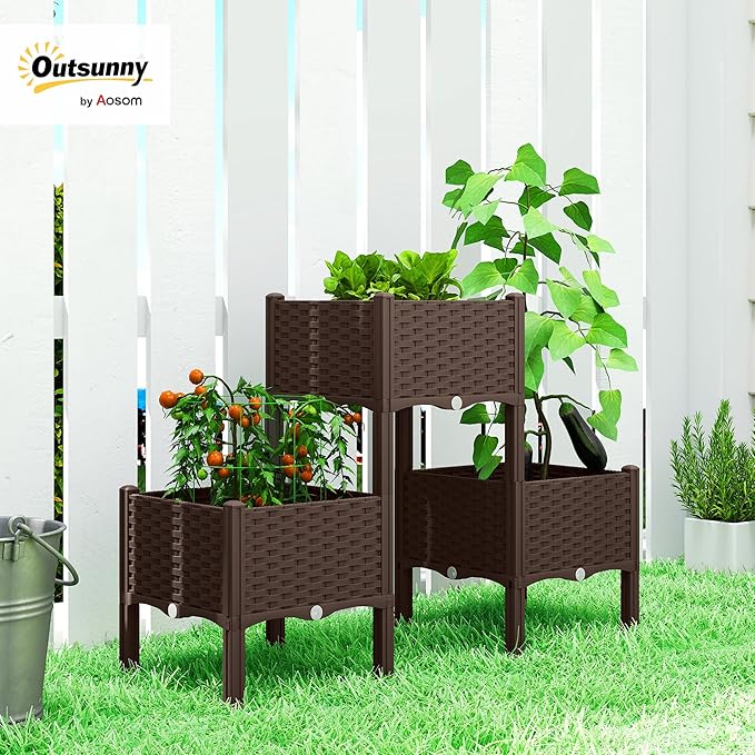 Outsunny Plastic Raised Garden Bed with Legs Self Watering Elevated Planter Boxes with Drainage Holes and Plugs Easy Assembly Outdoor Planter Box for Patio Yard Balcony Vegetables Flowers Herbs