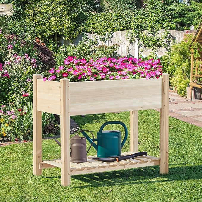 Yaheetech 34x18x30in Horticulture Raised Garden Bed 2pcs Planter Box with Legs &amp Storage Shelf Wooden Elevated Vegetable Growing Bed for Flower/Herb/Patio/Balcony Natural Wood