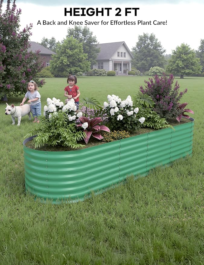 GarveeLife 8x2x2 ft Galvanized Raised Garden Bed - 24“ Tall Metal Planter Box for Vegetables Flowers Herbs Rust-Resistant Outdoor Garden Box Easy Assembly Raised Beds for Gardening Green