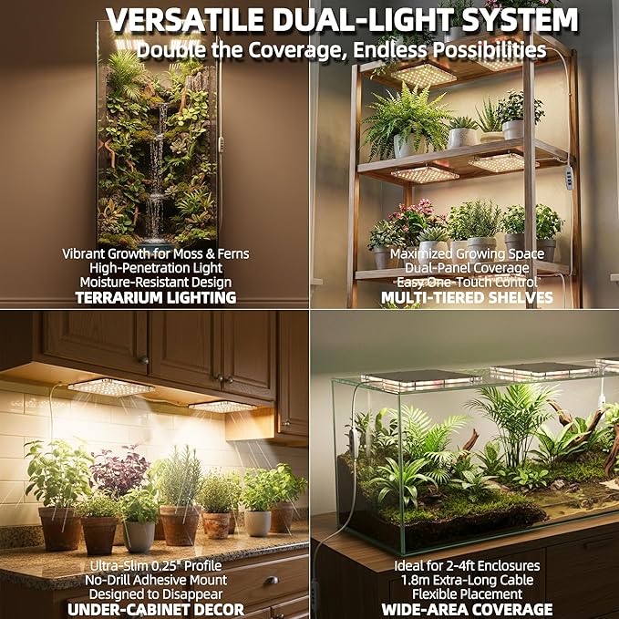 Dual Head LED Grow Light for Indoor Plants Full Spectrum Under Cabinet Plant Light for Shelves High PPFD Spotlight Puck with Timer &amp Dimmer Stick-On Lamp for Succulents Plant Stands &amp Wide