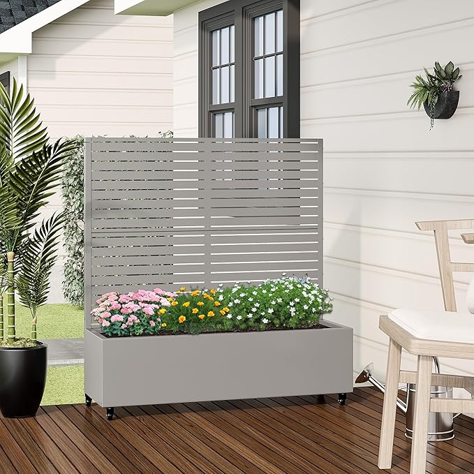 Casaphoria Metal Raised Garden Bed with Trellis and Wheels 47x47x16 Planter Box for Climbing Plants Vegetables &amp Vines Features Drainage Holes and Privacy Screen (Grey-Louvered)