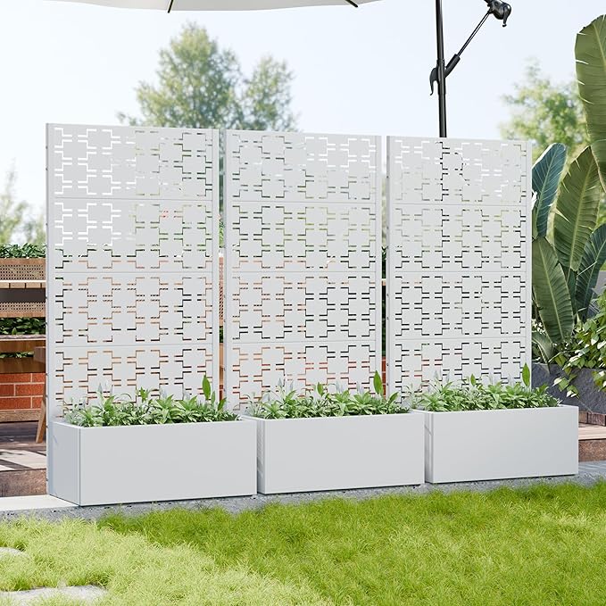Casaphoria Metal Raised Garden Bed with Trellis 59x30x12 Planter Box for Climbing Plants Vegetables &amp Vines Features Drainage Holes and Privacy Screen White-Brick