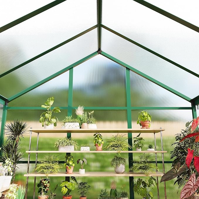 6X8 FT Greenhouse Greenhouses for Outside Aluminum Frame Polycarbonate Panels with Sliding Lockable Door and Ajustable Roof Vent Spacious Walk-in Design for Backyard Garden Patio Green