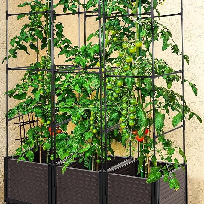 Barydat 2 Pack Raised Garden Bed Planter Boxes with Trellis 67'' Hight Tomato Extra Large Planter Plants Raised Garden Beds Outdoor with Legs for Climbing Vegetables Plants Tomato Cage Outdoor Garden
