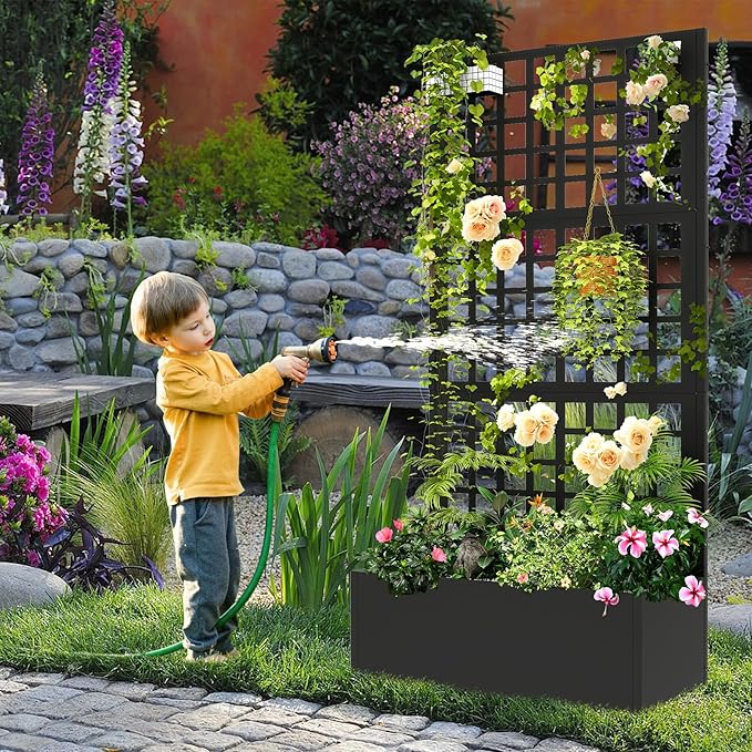 Metal Planter with Trellis 72 x 36’’ x 16 Raised Garden Bed with Trellis Planter Box with Privacy Screen for Climbing Plants Flowers Vegetables Fruits