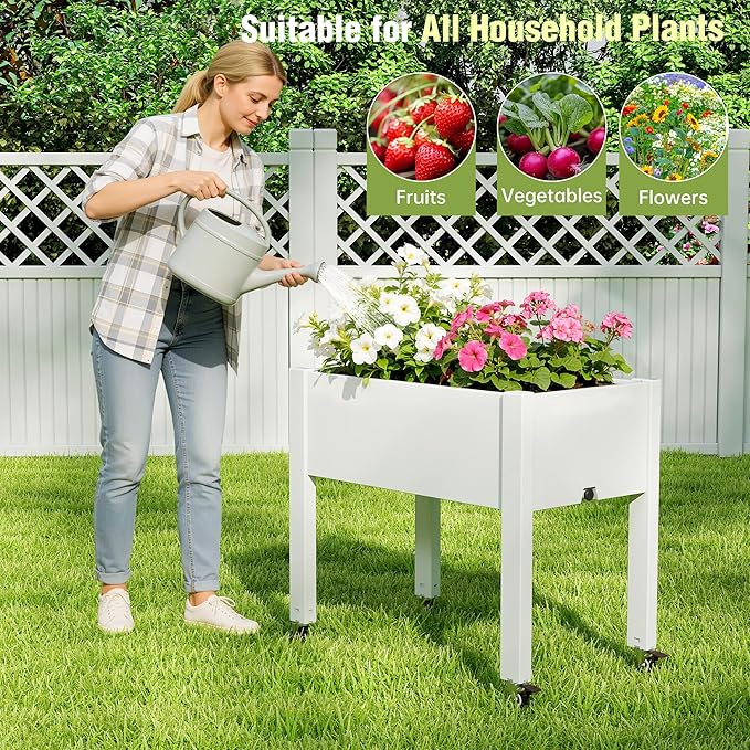 Raised Garden Bed with Legs 26.3 Tall Elevated Planter Box with Drainage Holes Water Gauge Lockable Wheels Weatherproof Resin Design for Vegetables and Flowers for Backyard Patio Balcony(White)