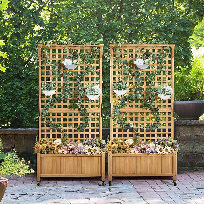 Yaheetech 72 H Garden Planter with Trellis for Vine Climbing Horticultural Plants Yard Box Outdoor w/Drainage Holes Garden Planter Bed for Flowers Herbs Light Brown
