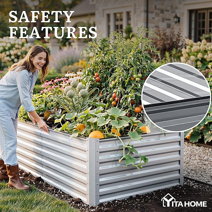 YITAHOME 8x4x2ft 2pcs Large Raised Garden Bed Kit Galvanized Metal Planter Box with Gloves Ground Nails &amp Safety Rubber Outdoor Above Ground Planters for Plants Vegetables Flowers Silver