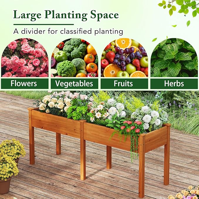 Raised Garden Bed with Legs Elevated Planter Box with Divider &amp 8 Drainage Holes Fir Wood Garden Box for Vegetables Flowers Fruits &amp Herbs (Brown Yellow)