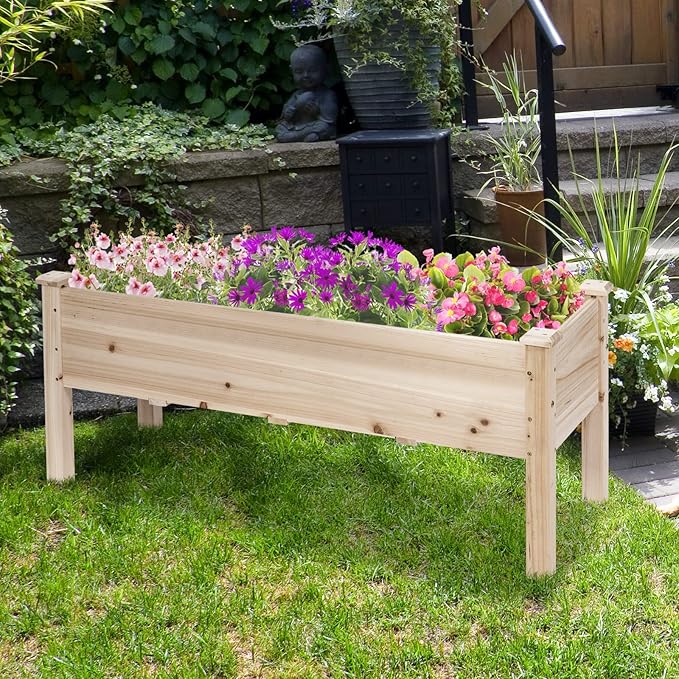 Raised Garden Bed Wood Elevated Planter Box Stand w/Legs &amp Drainage Holes for Vegetables Outdoor Plant Container for Backyard Patio Balcony Greenhouse Easy Assembly 47.5 x 17 x 20