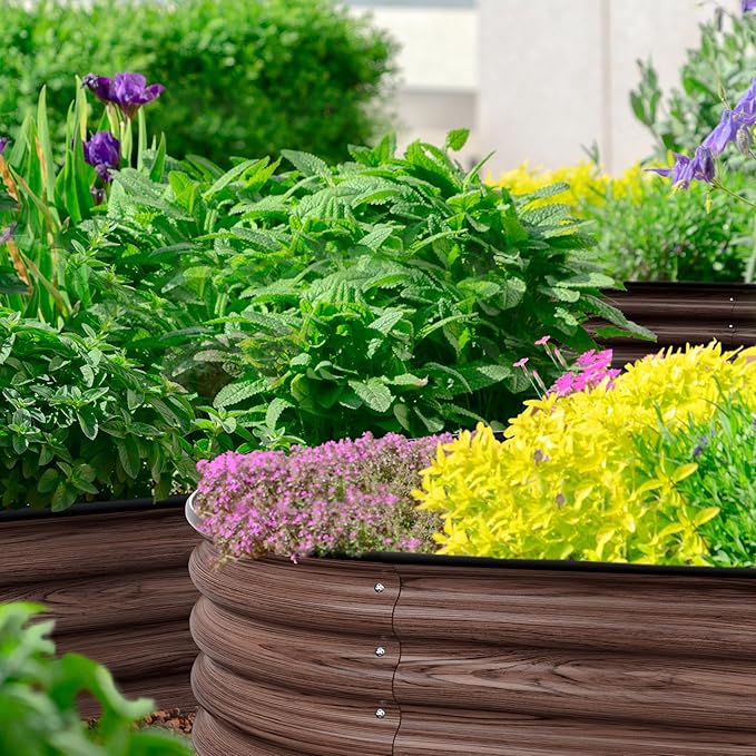 MUPATER 8x2x1 ft Raised Garden Bed Outdoor for Vegetables 9-in-1 Galvanized Metal Planter Box 11.1'' H Modular Garden Bed Kit Oval for Herbs and Flowers Rustic