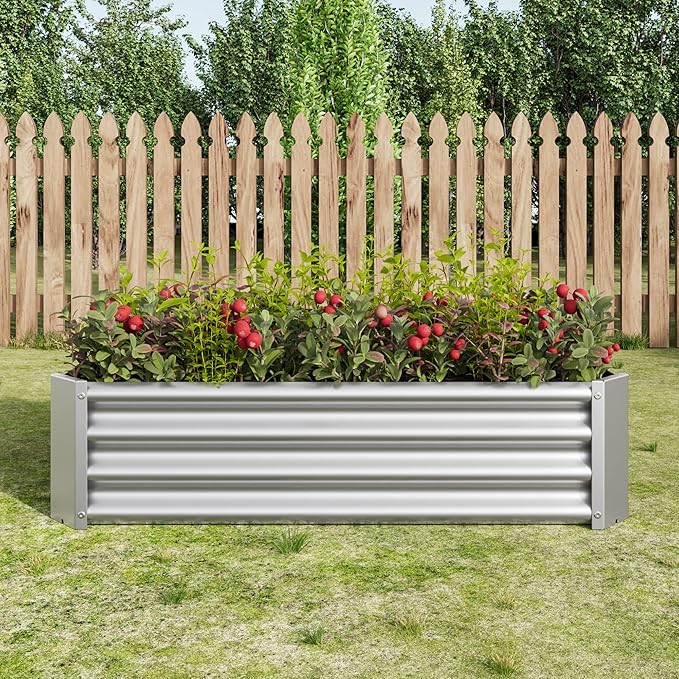 Metal Raised Garden Bed Rectangle Raised Planter 4×2×1ft for Flowers Plants Vegetables Herb Veezyo Silver