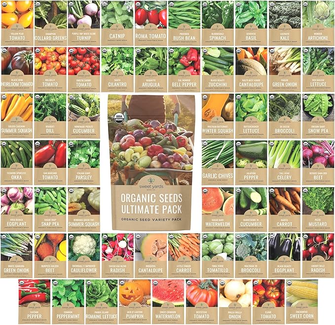Organic Seeds Ultimate Variety Pack - 60 Individual Packs - 2026 Season - Genovese Basil Nantes Carrot Roquette Arugula and More! for Indoor &amp Outdoor Planting (Non-GMO Certified Organic)