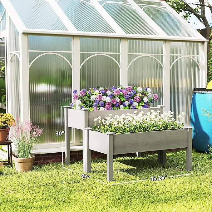 Outsunny 2 Tier Raised Garden Bed Elevated Wooden 2 Box Planter Gardening Grow Stand Planting Bed for Flowers Vegetables Herb Gray