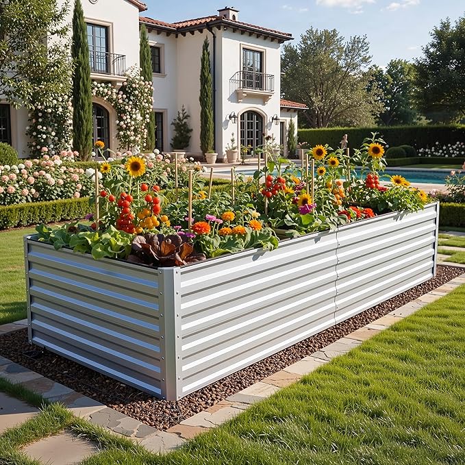 YITAHOME 8x4x2ft 2pcs Large Raised Garden Bed Kit Galvanized Metal Planter Box with Gloves Ground Nails &amp Safety Rubber Outdoor Above Ground Planters for Plants Vegetables Flowers Silver