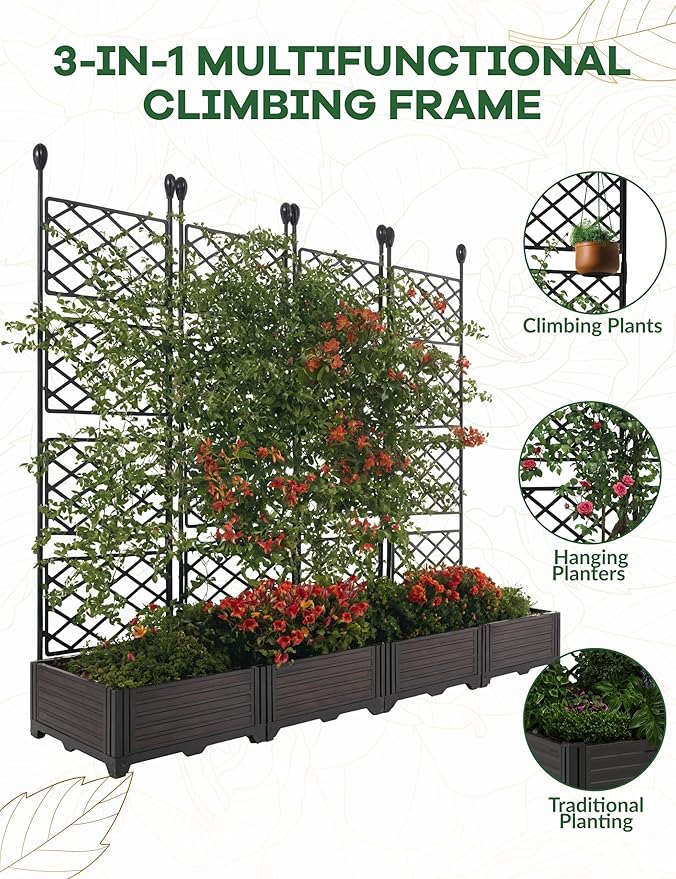 4 PCS Raised Garden Bed with Trellis &amp Privacy Screen 66 Wide x 63 Tall Vertical Garden Planter Box for Climbing Plants Large Outdoor Privacy Screen for Patio Balcony Yard Garden Black