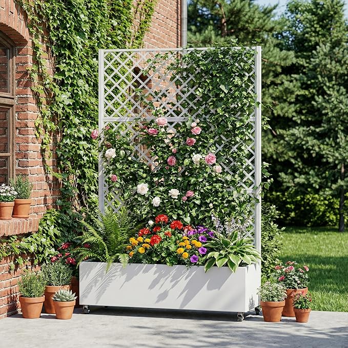 Casaphoria Metal Raised Garden Bed with Trellis and Wheels 72x47x16 Arched Planter Box for Climbing Plants Vegetables &amp Vines Features Drainage Holes and Privacy Screen White-Rhombus