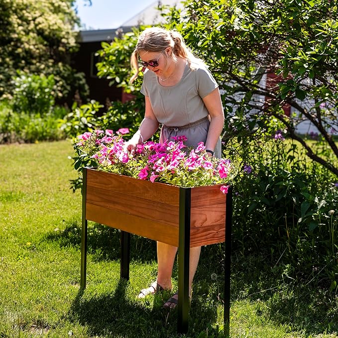 Sunnydaze Acacia Wood Raised Garden Bed with Legs - 31-Inch H - Powder-Coated Steel Frame - Removable Planter Bag - Brown