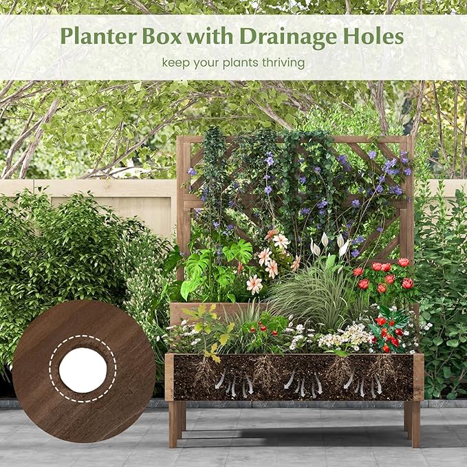 ORALNER Raised Garden Bed with Trellis 43” x 24.5” x 53” Outdoor 2-Tier Wooden Planter Box with Drainage Holes Elevated Garden Trellis Planter for Vine Flower Herb Fruit Vegetable (Brown)