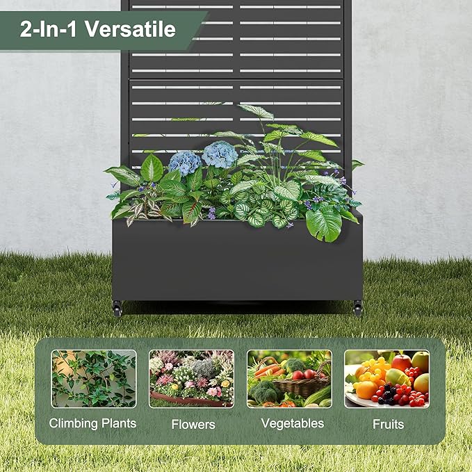 Metal Trellis Planter Box with Wheels Standing Privacy Planters for Patio Garden Boxes with Trellis for Climbing Plants (35 L×24 W×71 H Black)