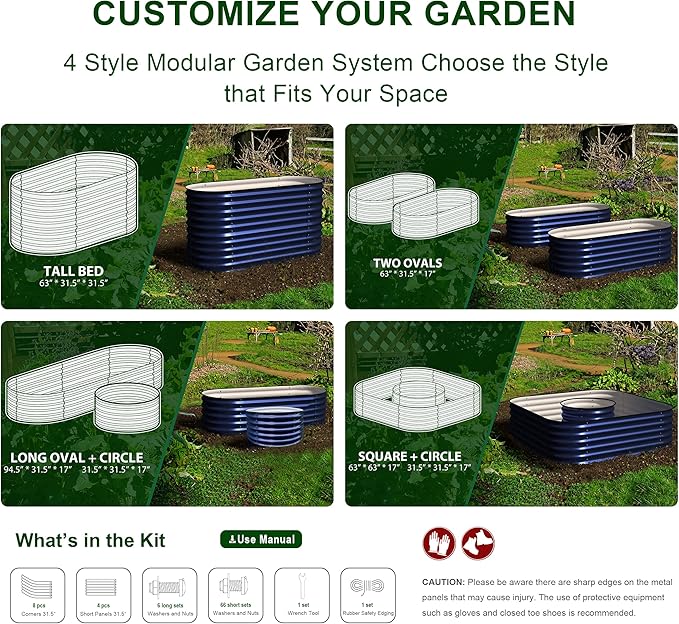 Olle 4-Style Modular Galvanized Raised Garden Beds Outdoor Easy Quick Setup 17 Tall 4-in-1 Metal Planter Boxes Outdoor for Flowers Vegetables Fruits Herbs DIY Gardening Cobalt Blue
