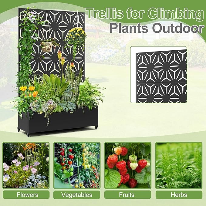 Raised Garden Bed with Trellis and Wheels73x47x16 Metal Raised Garden BedBlack Star Metal Planter with Climbing Trellis for Vines &amp Vegetables