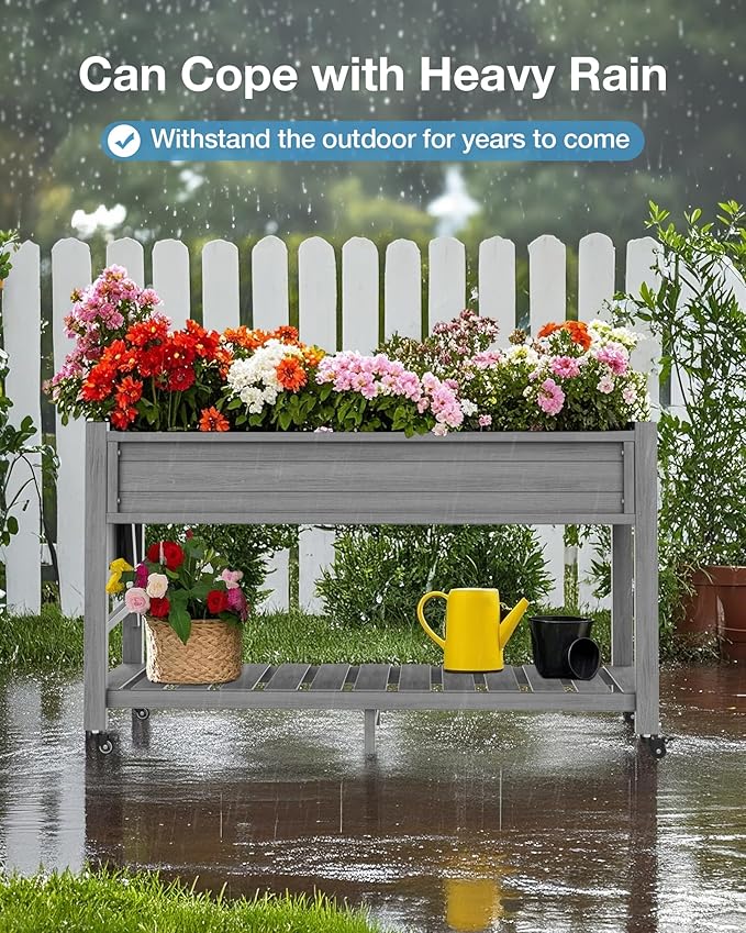 YEFU Raised Garden Bed with Legs: 57x18x30in Elevated Poly Planter with WheelsWaterproof Mobile Raised Bed Garden Elevated Planter Box Stand with Storage Shelffor DeckPatioPorchYard (Grey2pcs)