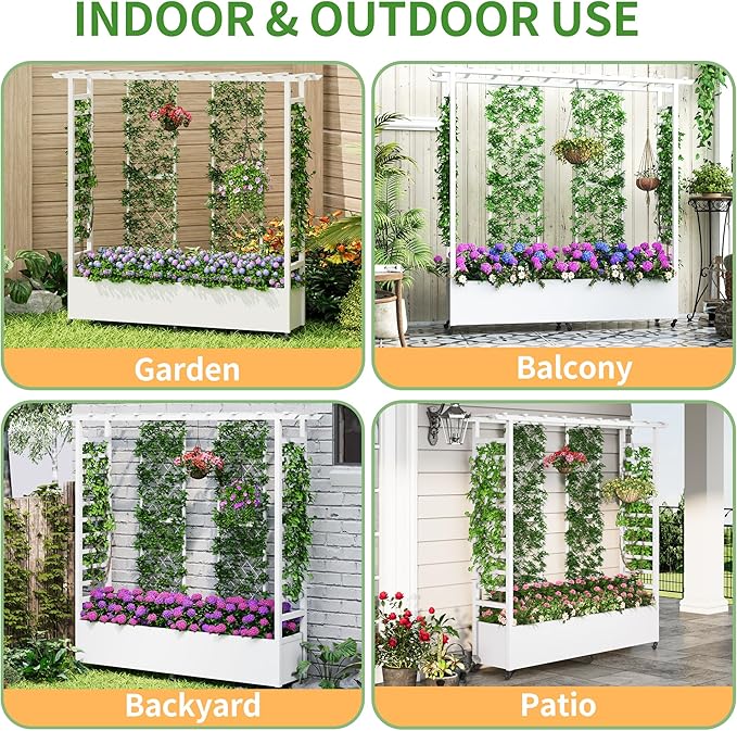 Raised Garden Bed with Trellis &amp Hanging Roof Weatherproof Metal Planter Box with Wheels Garden Arch Trellis for Outdoor Climbing Plants Vines Flowers 74 H x 77 L x 17 W White