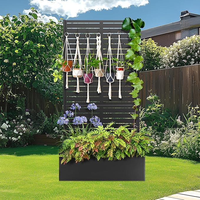 Metal Planter Box with Trellis Raised Garder Bed with Drainage Hole Privacy Screen &amp Trellis for Climbing Plants Outdoor Plant Stands 35''L×16''W×71''H Black