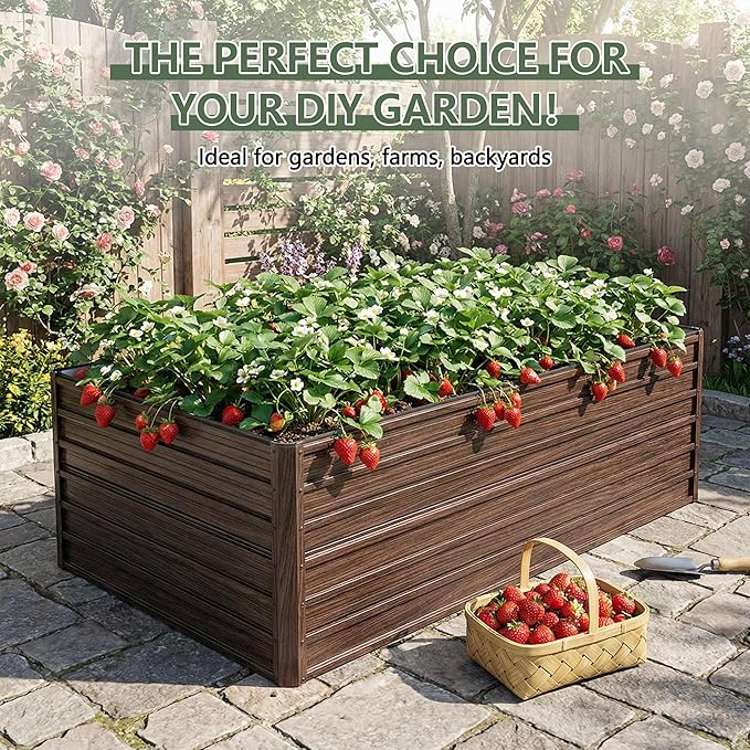 Galvanized Raised Garden Beds 8x4x2FT Outdoor Planter Boxes with Safety Edging and Gloves Rustic Country Style Metal Garden Bed Kit for Vegetables Flower and Fruits (Brown Wood Grain
