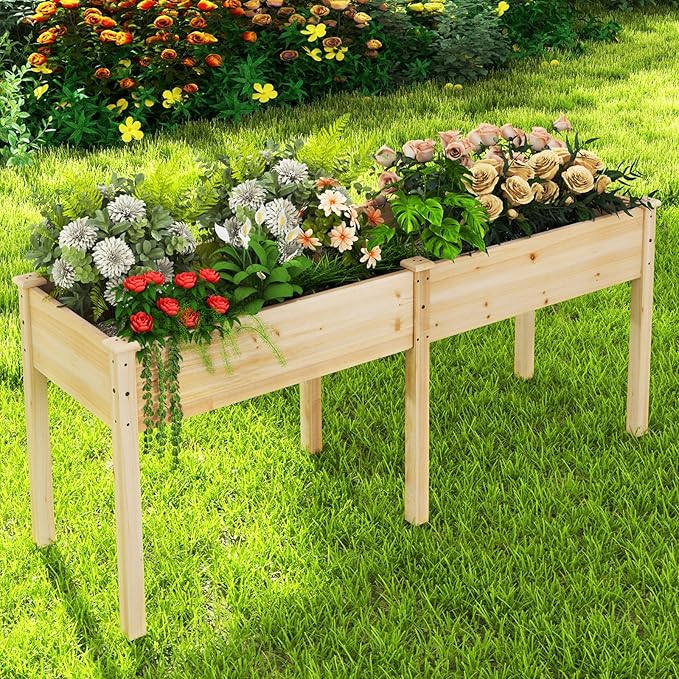 Raised Garden Bed with Legs Elevated Planter Box with Divider &amp 8 Drainage Holes Fir Wood Garden Box for Vegetables Flowers Fruits &amp Herbs (Natural)