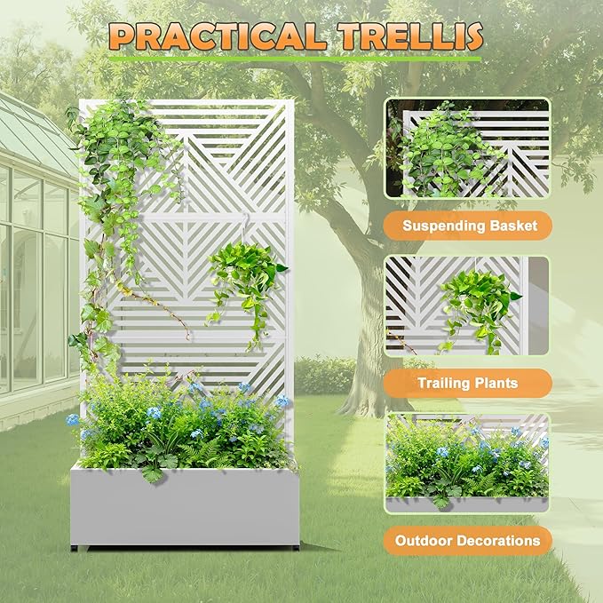 Metal Raised Garden Bed with Trellis 2-in-1 Planter Box &amp Privacy Screen for Climbing Plants Outdoor Standing Flower Bed with Drainage Holes 35.4 L x 15.7 W x 70.1 H White-Zodiac