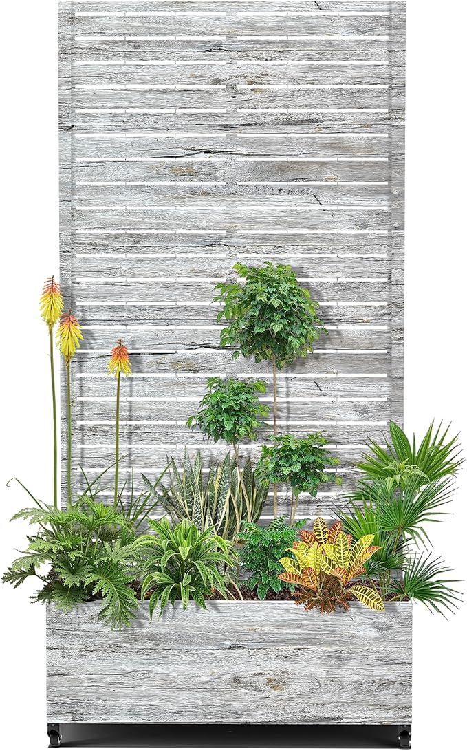 15.7×70.9×35.4 Metal Raised Garden Bed with Trellis and Wheels - Tall Trellis Planter Box for Climbing Plants Vegetables &amp Vines - Outdoor Privacy Planters for Patio (White Oak Grain)