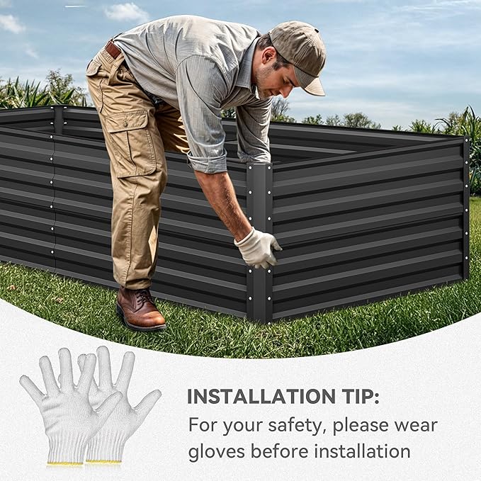 YITAHOME 8x4x2ft 2pcs Large Raised Garden Bed Kit Galvanized Metal Planter Box with Gloves Ground Nails &amp Safety Rubber Outdoor Above Ground Planters for Plants Vegetables Flowers Black