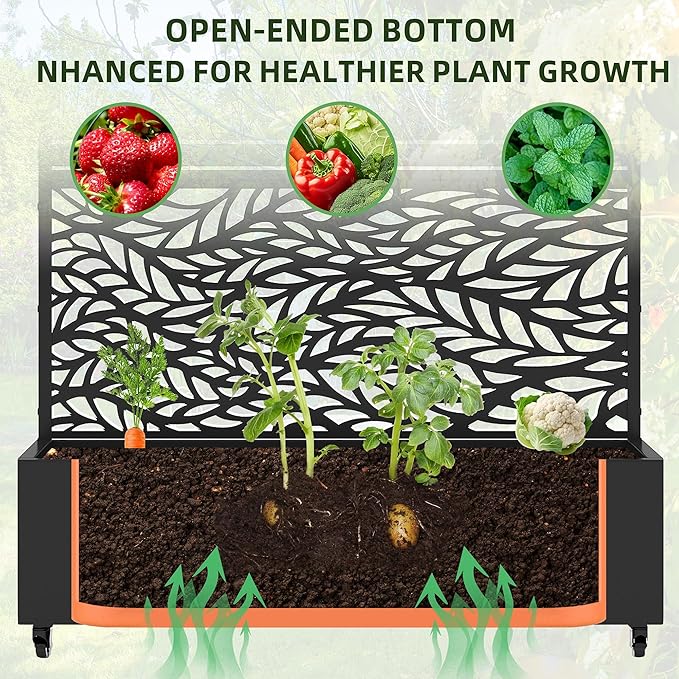 Casaphoria Metal Raised Garden Bed with Trellis and Wheels 72x47x16 Planter Box for Climbing Plants Vegetables &amp Vines Features Drainage Holes and Privacy Screen Black(Spring&ampLouvered)