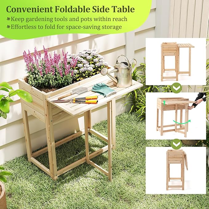Giantex Wood Raised Garden Bed w/Folding Drop-Leaf Potting Table Planter Box for Flower Herb Vegetable Fruit Indoor Outdoor Elevated Raised Beds for Gardening Backyard Patio Balcony
