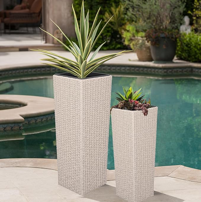 Outdoor PE Wicker Flower Pots 2 Pcs Set Beige