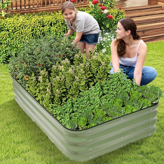 1MORE Raised Garden Bed -5X3X1 Galvanized Planter Box for Outdoor Gardening4 in 1 Modular Raised Bed Kit with Protective Tape Gloves for HerbIdeal for Vegetables and Plants.Green-2Pcak