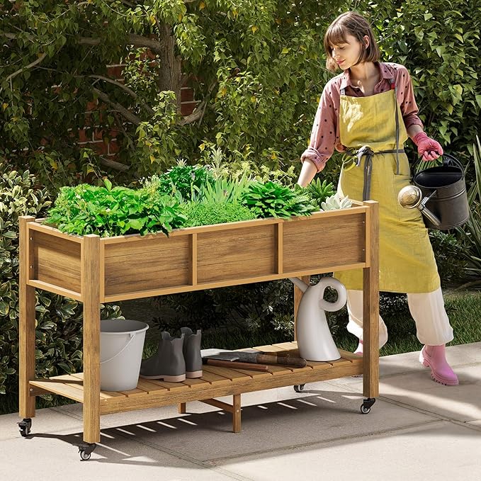 YITAHOME Raised Garden Bed HDPE 47x18x31In Herb Garden Bed Poly-Wood Weather-Resistant Elevated Planter Box with Lockable Wheels &amp Storage Shelf for Vegetable Flower Brown