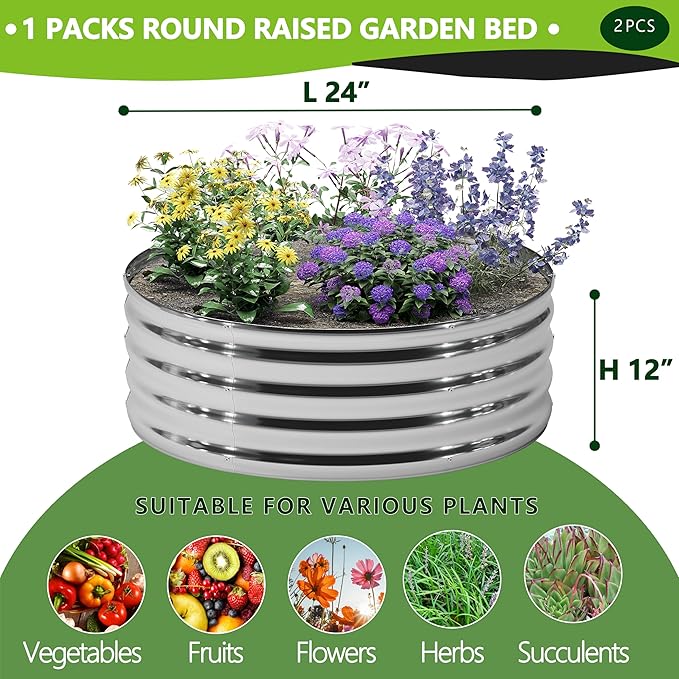 2PCS 2x2x1FT Galvanized Raised Garden Bed KitVegetable Boxes-Round Metal Flower BoxLarge Planter Raised Beds Outdoor Garden for PlantingFruitHerb-Silver