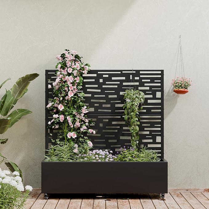 Casaphoria Metal Raised Garden Bed with Trellis and Wheels 47x47x16 Planter Box for Climbing Plants Vegetables &amp Vines Features Drainage Holes and Privacy Screen (Black-Gerald)