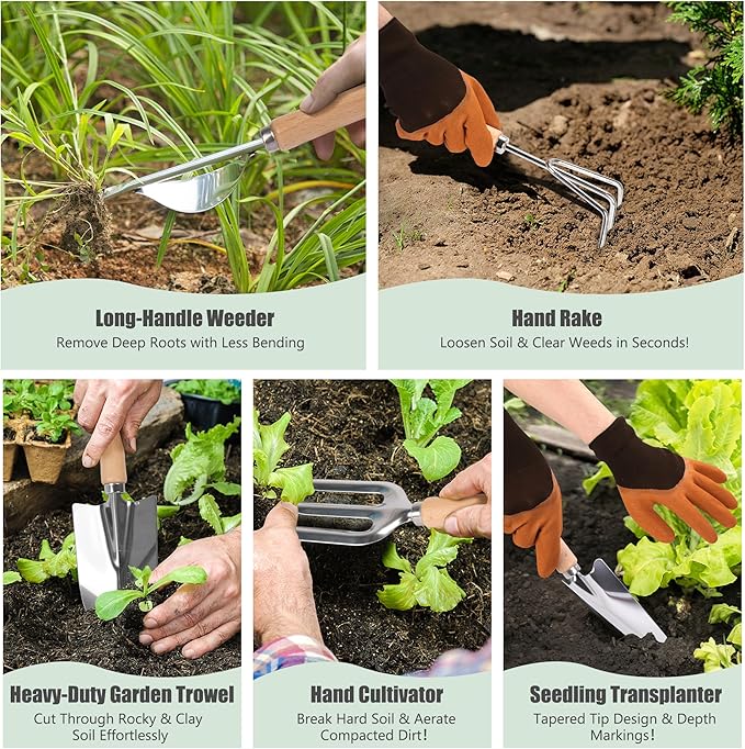 Gardening Tools Set of 10 Heavy Duty Stainless Steel Garden Hand Tools with Floral Tote Bag Rust-Proof Garden Tools for Gardening Gardening Gifts for Women Men and Plant Lover