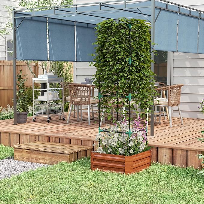 Galvanized Raised Garden Bed 24 x 24 x 11.75 Outdoor Planter Box with Trellis Tomato Cage and Open Bottom for Climbing Vines Vegetables Flowers in Backyard Garden Patio Brown