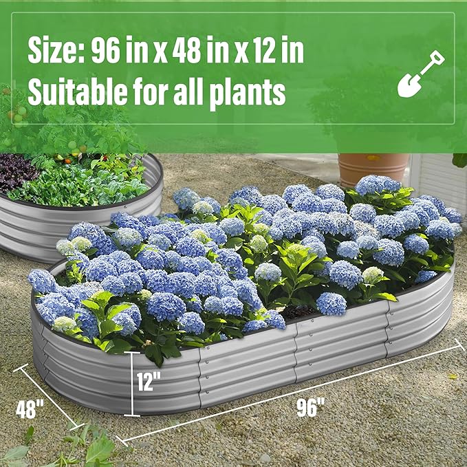 Crownland Outdoor Garden Metal Raised Garden Beds Oval Galvanized Planter Box Rubber Edge Guard for Patio Growning Fresh Vegetables Flowers Herbs and Succulents(8ft*4ft*1ft) Silvery