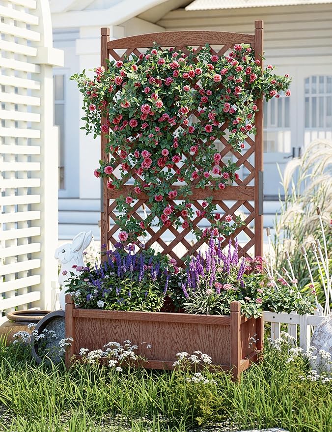 2PCS Wood Planter Box with Diamond Lattice Trellis Raised Garden Bed with Trellis &amp Wheels Privacy Planters for Patio Planter Box with Drainage Holes for Climbing Plants Flower 61x 26x 30