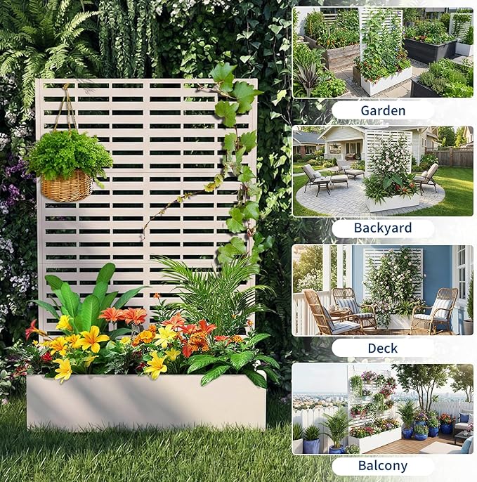 Metal Raised Garden Bed with Trellis &amp Privacy Screen 70.1x45x15 Galvanized Metal Planter Box with Drainage Holes for Patio Balcony Outdoor Climbing Plants Flowers Vegetable White